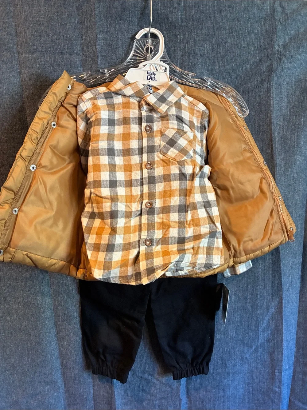 Kids Beige Puffer Vest, Flannel and Pants - Little Lad 3 Piece Set, 24 Mos